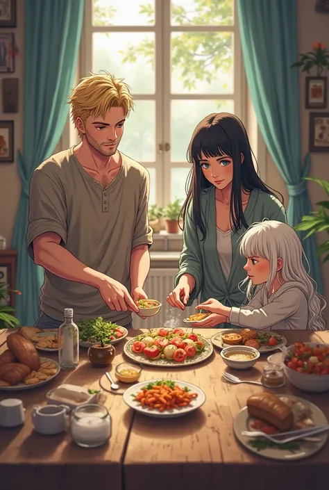 
Family of three with elemental powers, a 27 year old blond man, blue eyes, 1.80 meters tall, slim, with powers next to a 27 yea...