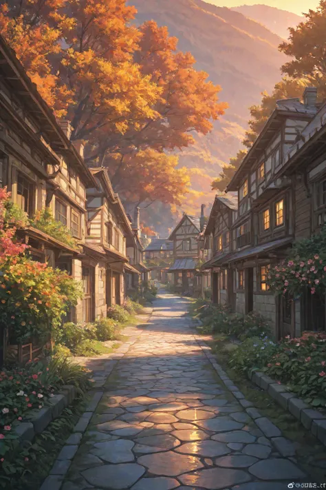 a small village by the river, mountains in the background, floral flowers colorful, detailed landscape, Beautiful natural landsc...