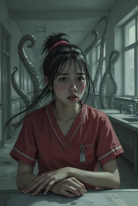 A frightened 20 year old Asian girl, beautiful face, black hair ties in a bun, wearing dark red nursing scrubs, sitting at a nur...