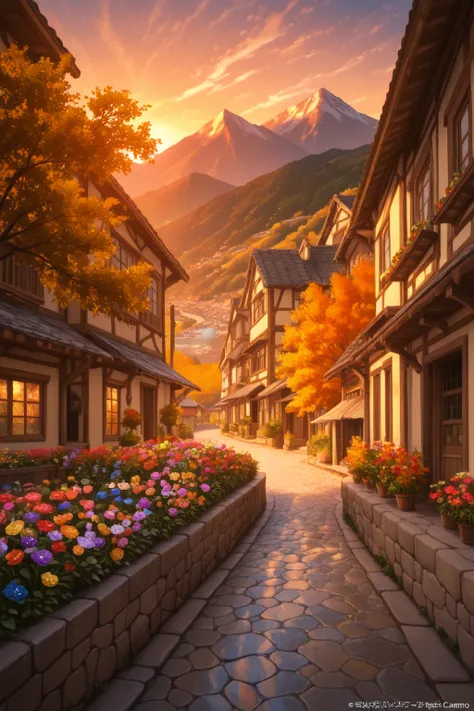 A small town by the river, mountains in the background, colorful floral flowers, style detailed landscape, beautiful natural lan...