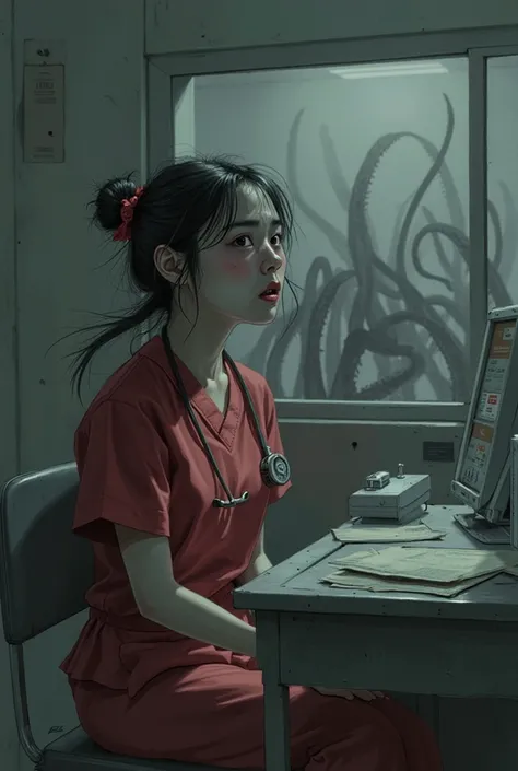 A frightened 20 year old Asian girl, beautiful face, black hair ties in a bun, wearing dark red nursing scrubs, sitting at a nur...