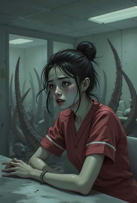 A frightened 20 year old Asian girl, beautiful face, black hair tied in a bun, dark red nursing scrubs, sitting at a nursing sta...