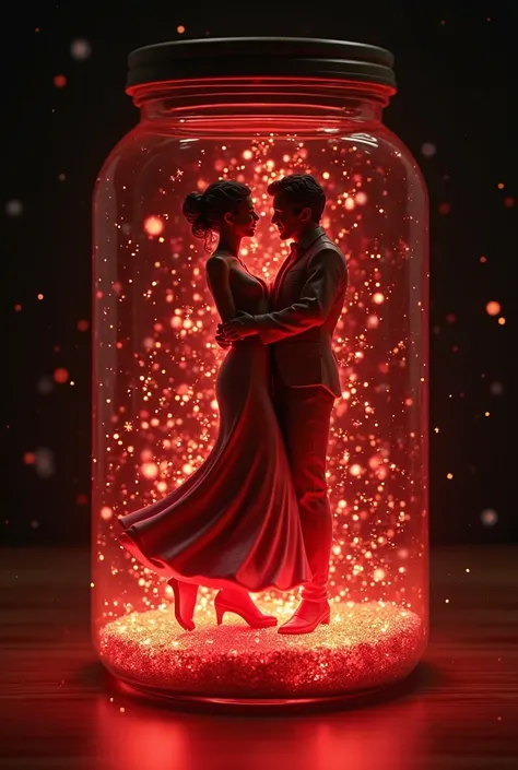 A hyper-realistic 3D close-up zoom into the spinning couple inside the glowing jar. As the camera zooms in, the artificial statu...