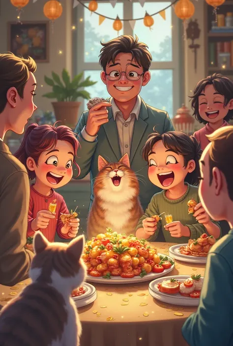 Everyone is laughing and eating loot. The cat is standing and the master is coming back with a smile.