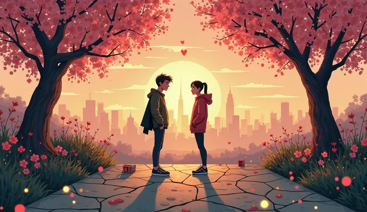 "Create a playful, romantic illustration inspired by the subtle signs of a crush, set against a stark black background to emphas...