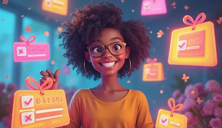 A happy online shopper (real person) surrounded by colorful, floating product options like checkboxes, sliders, price tags, and ...