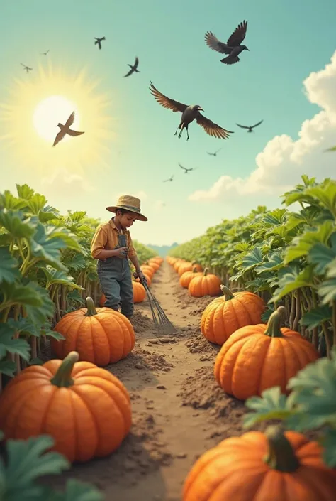 A poor farmer is working alone in his small pumpkin field. The sun is shining, birds are chirping, and some crows are flying abo...