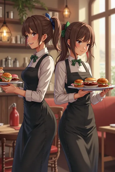 Two waitresses in a cozy cafe. One of them is smiling, the other one is sad. Both a holding trays with food