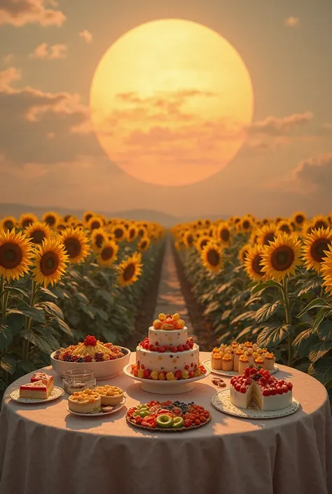 A picnic table set up in the middle of a sunflower field, with elaborate cakes and fruit platters — but the sun is gigantic on t...