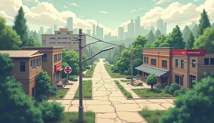 A 16:9 digital illustration of a post-apocalyptic town map designed like a miniature diorama or scale model. The style is minima...
