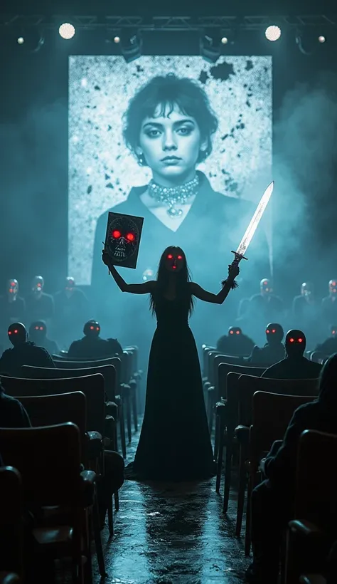 A surreal concert scene where the audience is empty chairs with masks. On stage, a girl in a long black dress and glowing red ey...