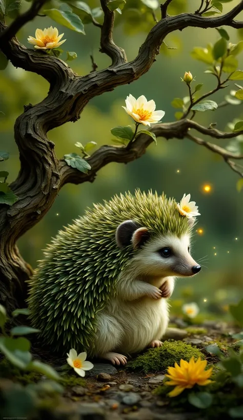 A little hedgehog sits under a fairy tree, his green needles, at the tips of his needles, delicate flowers bloom. cuteness, deta...