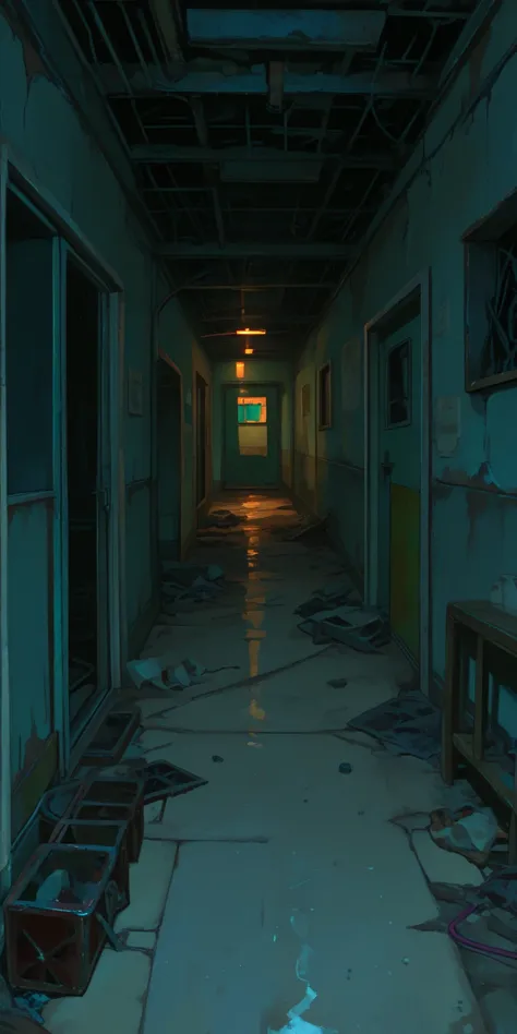 Interior perspective of an abandoned lodging room, featuring somber colors and poor lighting.