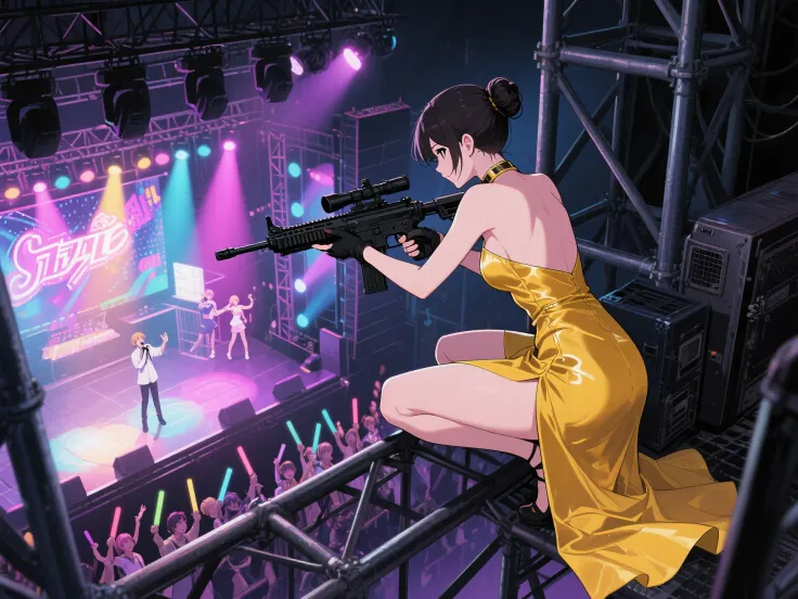 ภาพอนิเมะคุณภาพสูง, ผลงานคุณภาพสูง, ความละเอียดสูง, A deadly female sniper perched silently on the metal rigging high above a br...