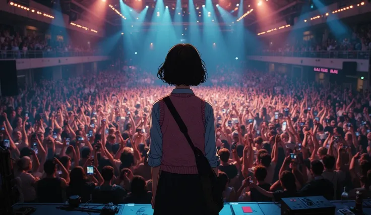 a crowded concert hall with a single girl on stage. she wears a pink sweater-vest over a shirt and straight-tie, a backpack with...