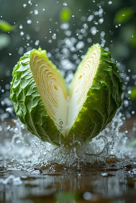 One cabbage cut in half flying in mid-air, colliding with each other in slow motion, surrounded by splashes of water to enhance ...