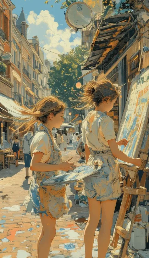 , two girls painting on a huge canvas outdoors,between friends,A Joyful Atmosphere,Two people's hair shaking in the breeze,Both ...
