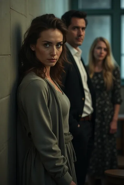 A tense, cinematic drama scene. A woman in her early 40s (elegant, with expressive eyes filled with suspicion and inner pain) st...