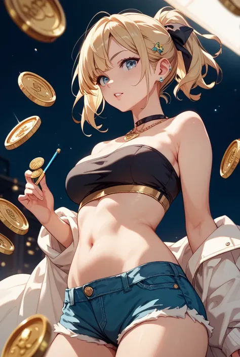 Blonde、The gold coins are clearly reflected on the entire screen、hotpants、tube top、belly button out、short hair、ponytail