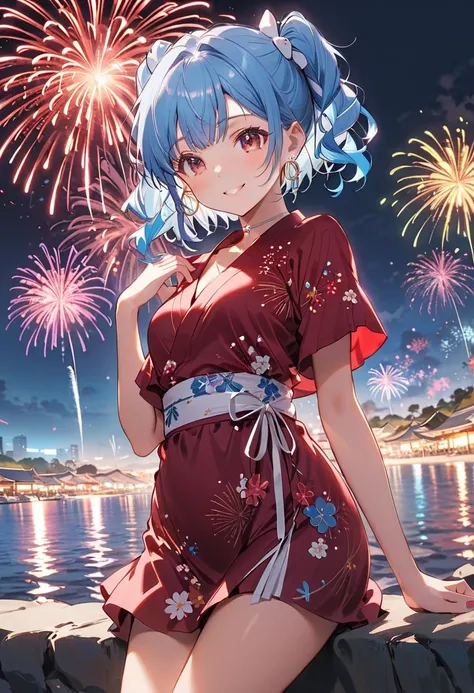 ((night)),((blue hair:1.5)),masterpiece, top quality, ((Rem,Rizero ,((blue hair:1.5)),cute smile,medium chest,twin tail hair...