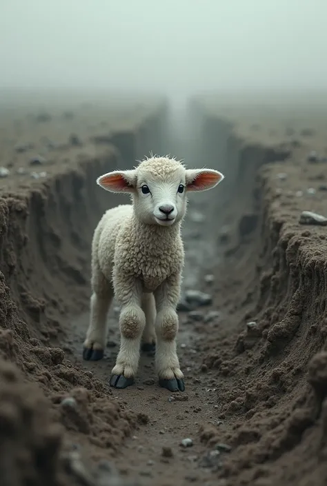 A lost lamb standing in the wounds looking lost full of mud