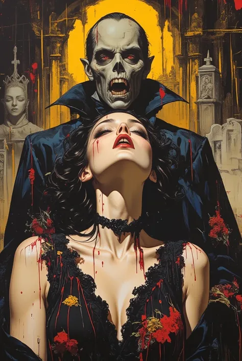 Oil Painting, Full Body, "Vampire Dracula sucking blood with long fangs, Punk Rock Beauty, Bloody Teeth (Bloody Mouth), Woman Bi...