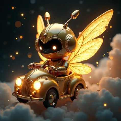 Anime Style、cute android in Shining Gold has wings growing on its back、I'm riding in a vehicle that looks like a car in the clou...