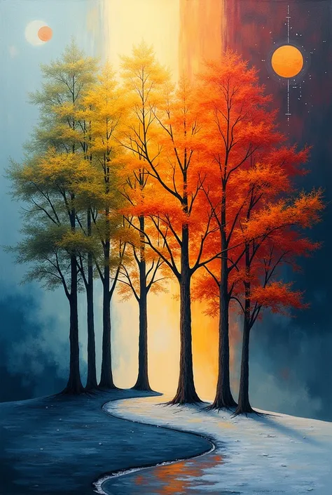a group of trees that are next to each other, inspired by Gediminas Pranckevicius, abstract art, seasons!! : 🌸 ☀ 🍂 ❄, golden rat...
