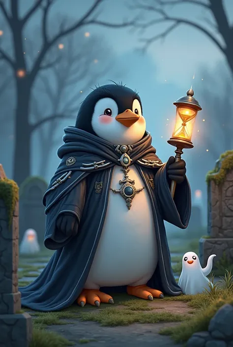A cute but serious penguin dressed as a Grave Domain cleric, standing in a misty graveyard under a twilight sky. The penguin wea...