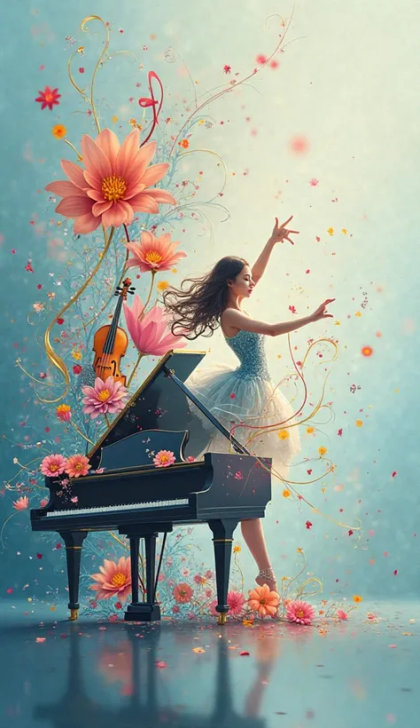 create an aesthetic image on: music, musical instruments, dance , The Painting, The drawing , about art, Let it be colored light...