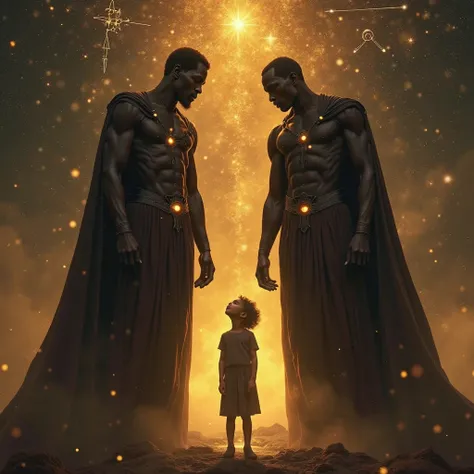 A deeply emotional and symbolic scene: a young person stands in the center, bathed in warm golden light, looking up with hope an...
