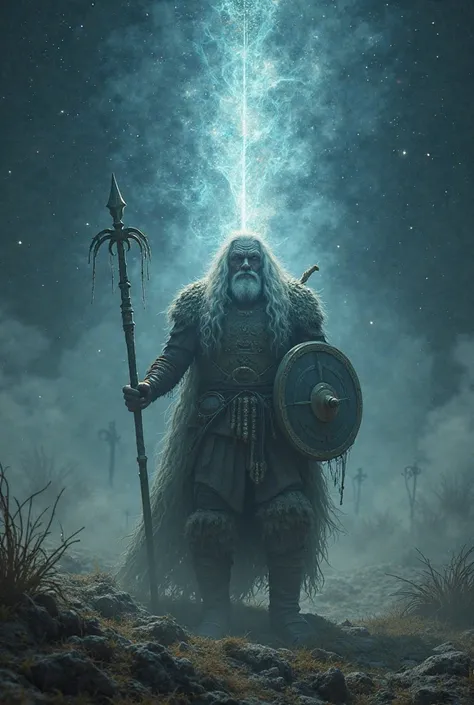 Un vieux Viking étendu sur un champ de bataille. Son corps astral éthérique , de forme jeune et vigoureuse monte doucement vers ...