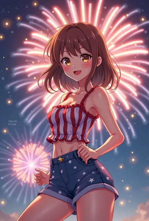 a Brunette Brown Haired anime girl, wearing 4th of July themed summer clothes, fireworks