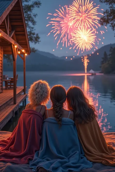 Three women cuddling with blankets and watching fireworks on the patio of a lake cabin, blonde with short curly hair undercut, b...