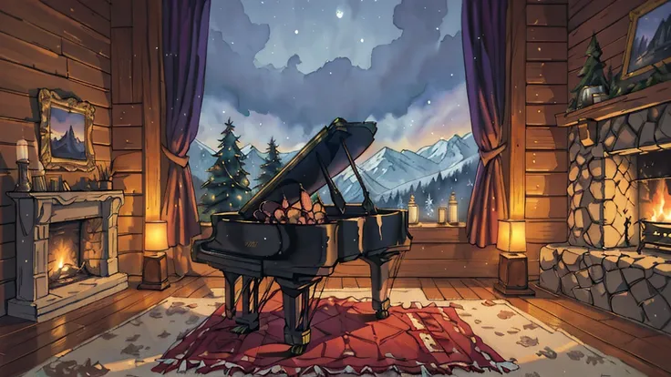 An illustrated watercolor-style scene of a cozy girl’s room inside a countryside cottage in Europe during Christmas. A white flu...