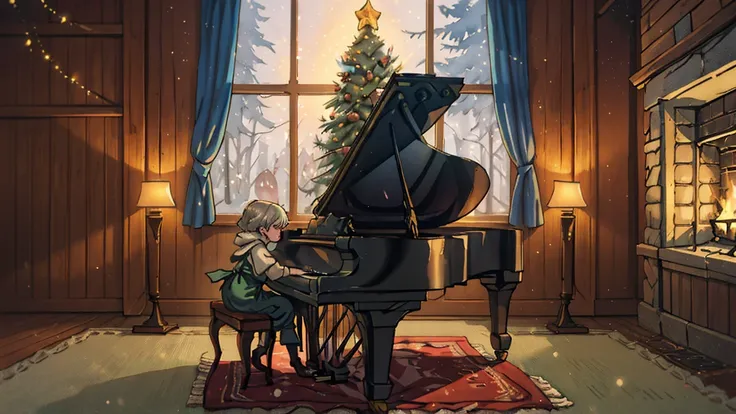 A cozy Christmas room interior in a wooden cabin, illustrated in soft watercolor style. A grand piano sits warmly in the center ...