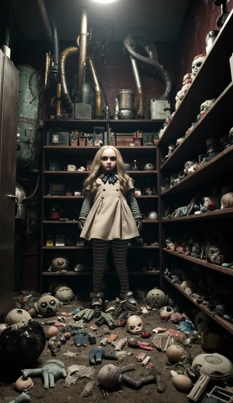 abandoned doll factory, broken and burned dolls everywhere, one giant doll with lifelike eyes stares at viewer, rusty machinery,...