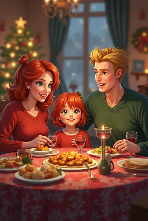red-haired mom, blond daddy and red-haired girl in red dress enjoying a Christmas dinner