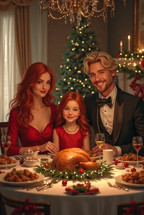 Family enjoying Christmas dinner, 7-year-old girl in red dress and red hair, elegantly dressed mother with red hair, and father ...