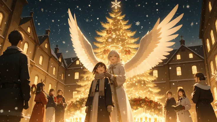 A heartwarming and magical Christmas Eve scene in detailed Japanese anime style, inspired by the song “Angels We Have Heard on H...