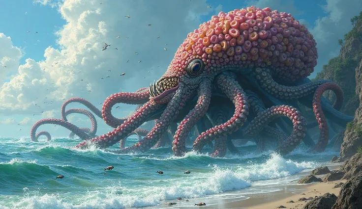 Mix octpus and dragon fruit and create big scarry species. Full made of dragon fruit in sea side (realistic looking picture)