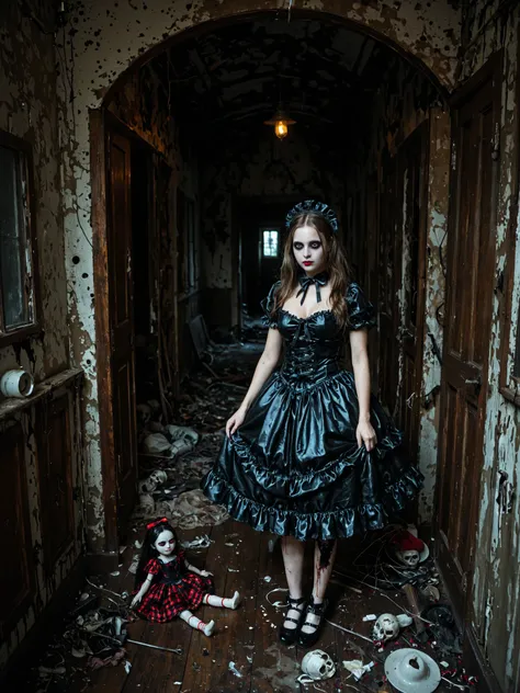 a creepy plastic doll, in an abandoned haunted house