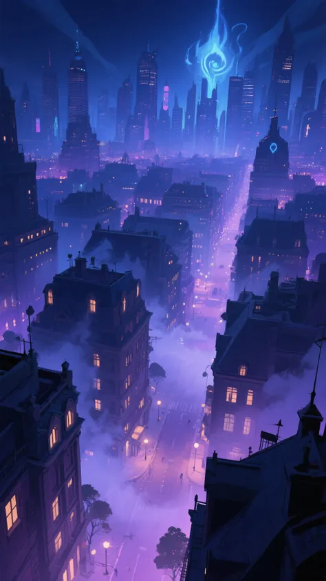 Panoramic views of the city at night，Light Dots，There is mist on the street，A mysterious and magical atmosphere，, no characters，...