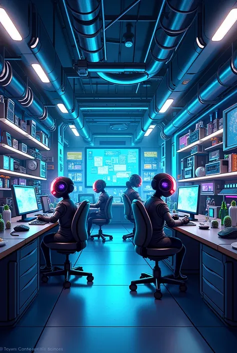 Computet laboratory, cartoon theme, background, color blue and black, futuristic