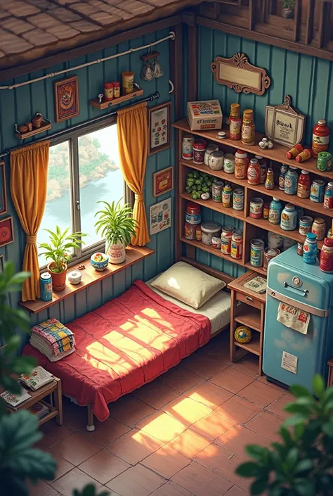 Draw me a draft inside my small sari sari store with bed good for 2 persons and a fridge, a cabinets for goods and a small windo...