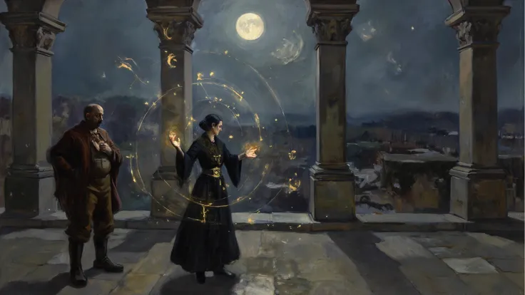 dramatic chiaroscuro oil painting, a sorceress-like woman making deliberate, ritual gestures as faint magical glyphs swirl aroun...