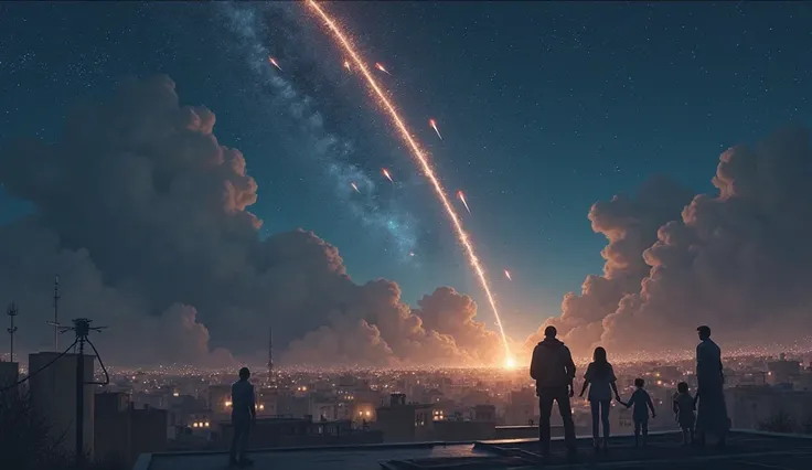 A modern 16:9 scene showing a night sky over Israel, with glowing missile trails arcing toward a city. But midway through the sk...