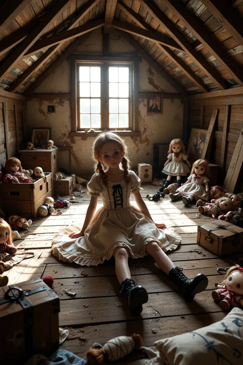 Abandoned doll, that old doll dumped in the attic, Direct sunlight, Ultra detailed, 8k