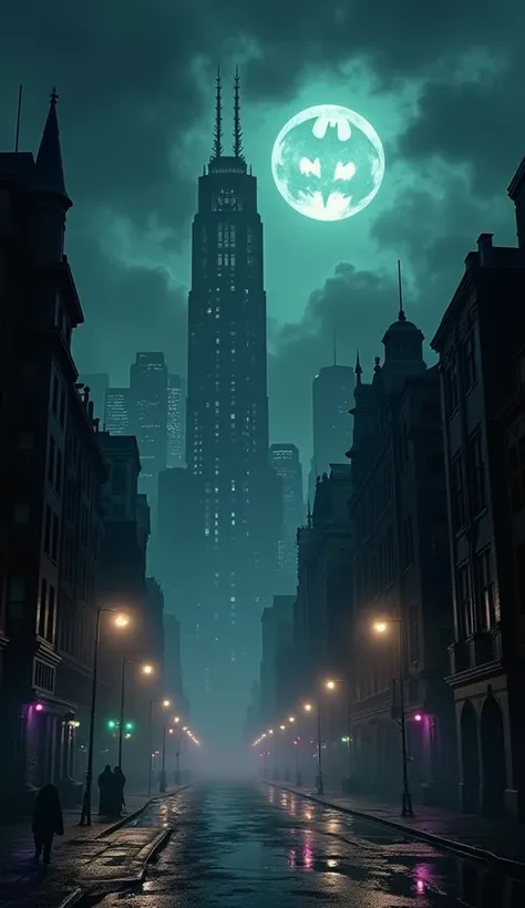 “A dark, moody night scene of Gotham City inspired by Batman. The skyline is filled with gothic skyscrapers under a cloudy night...