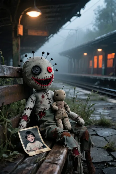 A sinister, tattered voodoo doll with one large black button eye and one red button eye, a wide stitched red mouth forming a cre...